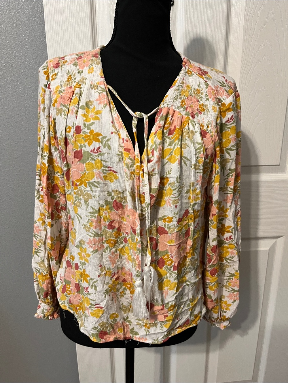 Joie Cream Floral Tie-Front Peasant Blouse